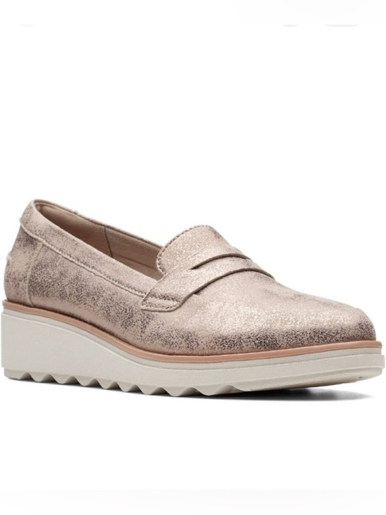 Clarks Shoes - Clarks Womens Sharon Ranch Gold Metallic Platform Slip On Comfort Loafers Sz 8.5